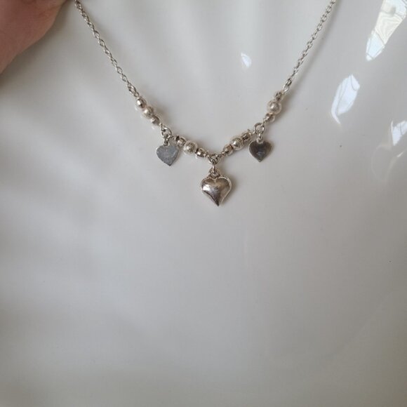 Vintage Sterling Silver Soft Girl Dainty Layered Dangle Heart Love Necklace - Picture 9 of 9